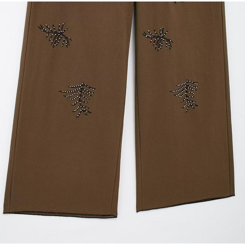 Mode Stickerei Hosen Frauen Retro Mittlere Taille Breite Bein Schnürhose Weibliche Sommer Herbst Lose Street Pant