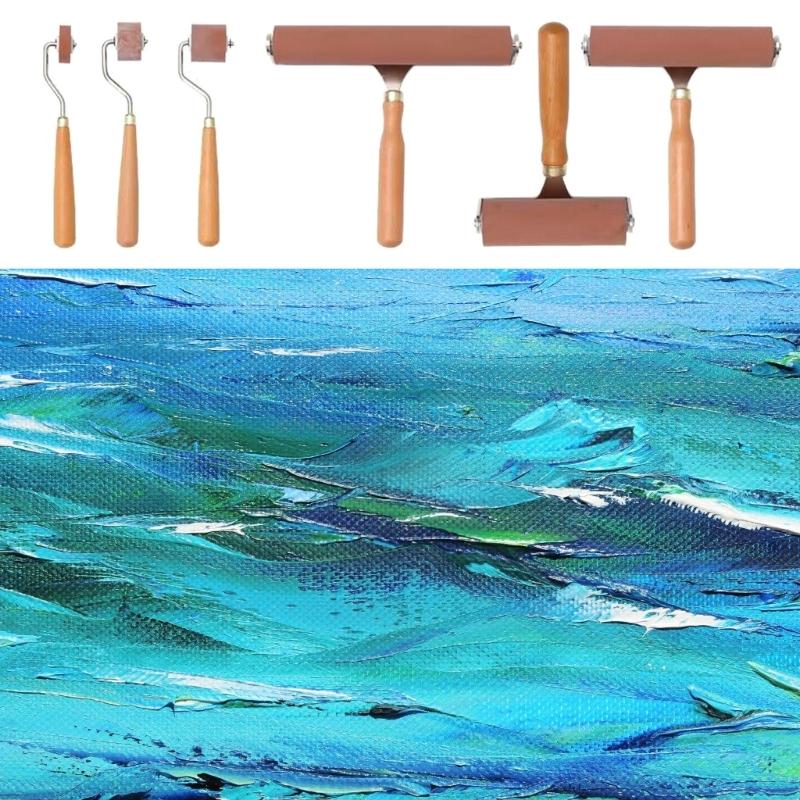 1/3Pcs Rubber Brayer Rollers for Crafting, Wood Handle Rubber Rollers for Printmaking, Wallpaper Roller Painting Tool