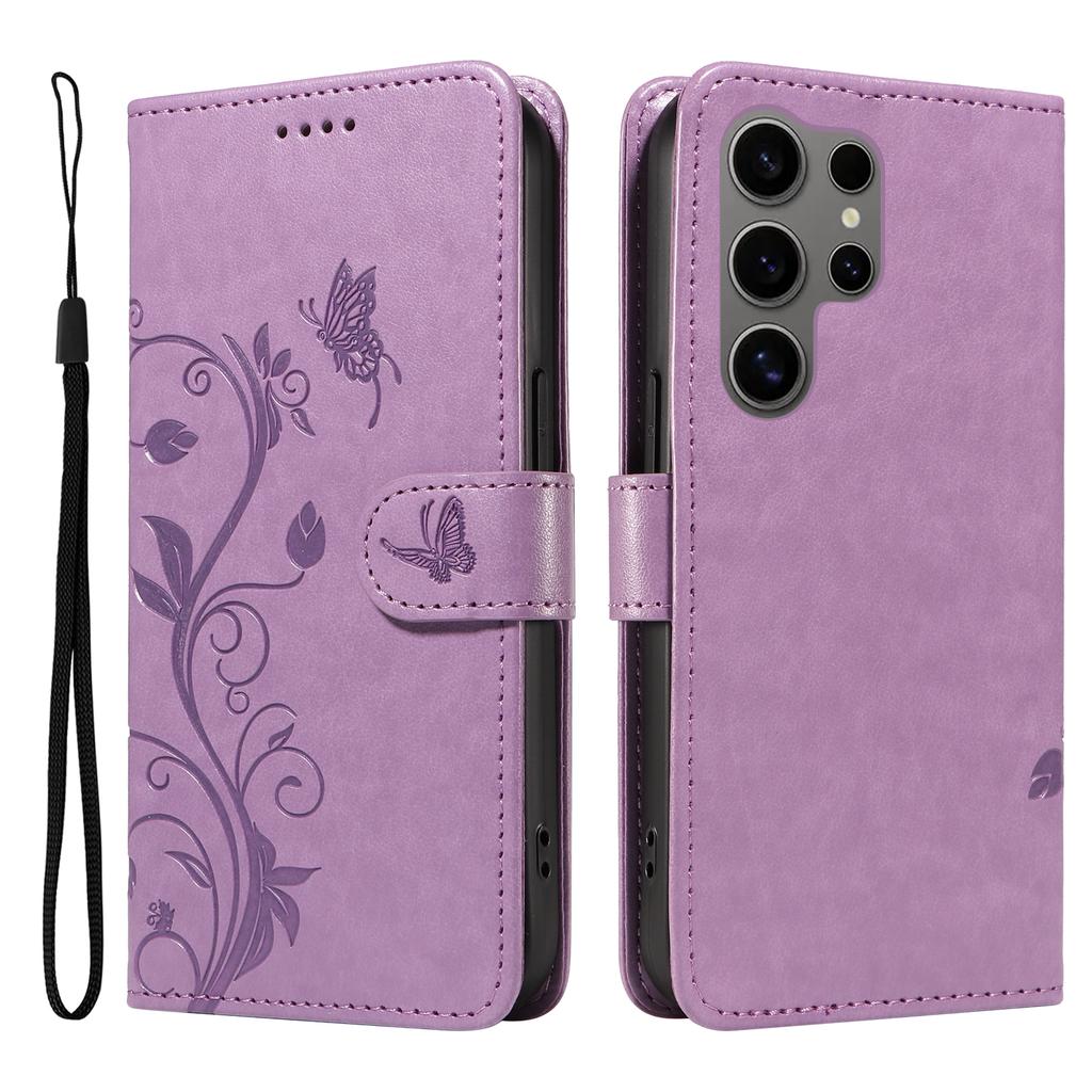 For Samsung Galaxy S25 Ultra PU Leather Cases Flower Pattern Wallet Stand Phone Cover with Strap