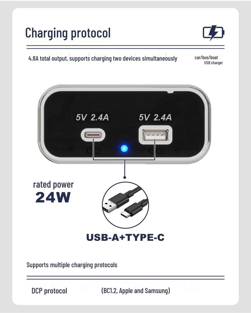 Dual Port 4.8A Fast Charge USB Car Charger for Car, RV, Bus - Multifunctional Power Adapter