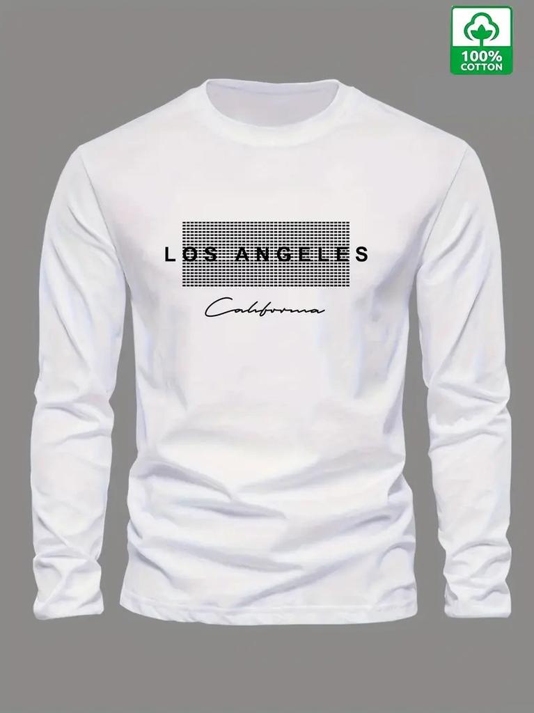 Los Angeles Letter Printed Cotton Men's Long Sleeved Round Neck Loose Autumn and Winter Casual Versatile T-shirt Top
