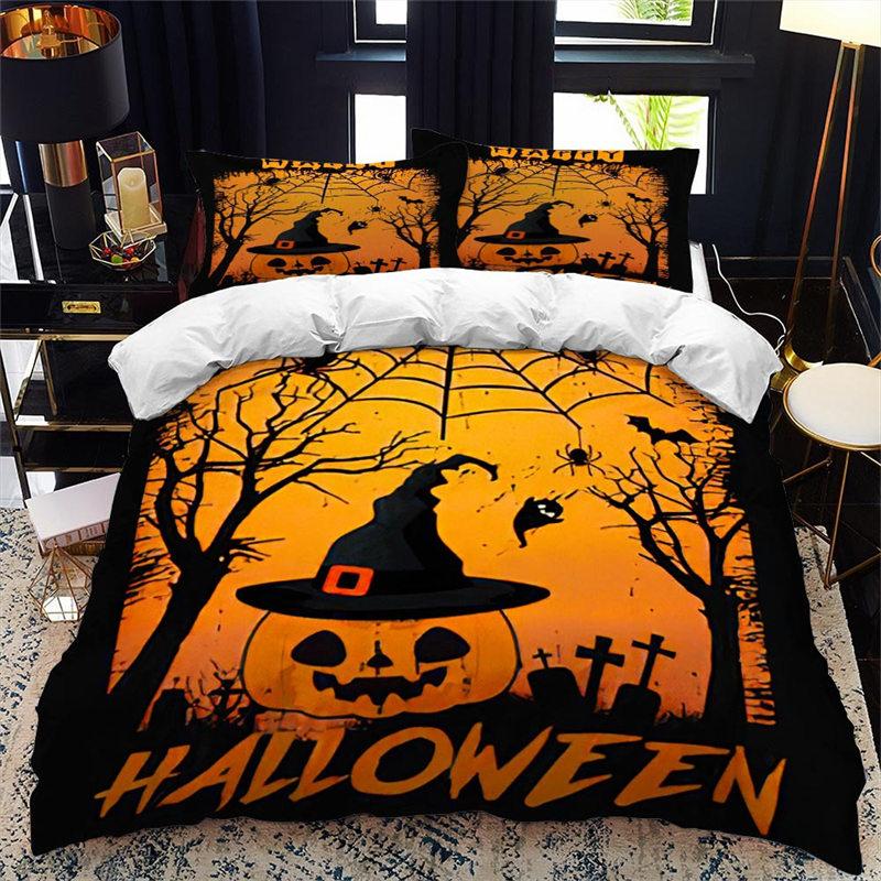 Halloween Duvet Cover King Microfiber Medieval Haunted Castle With Garden Pumpkins Dark Clouds Scary Nights Print Bedding Set
