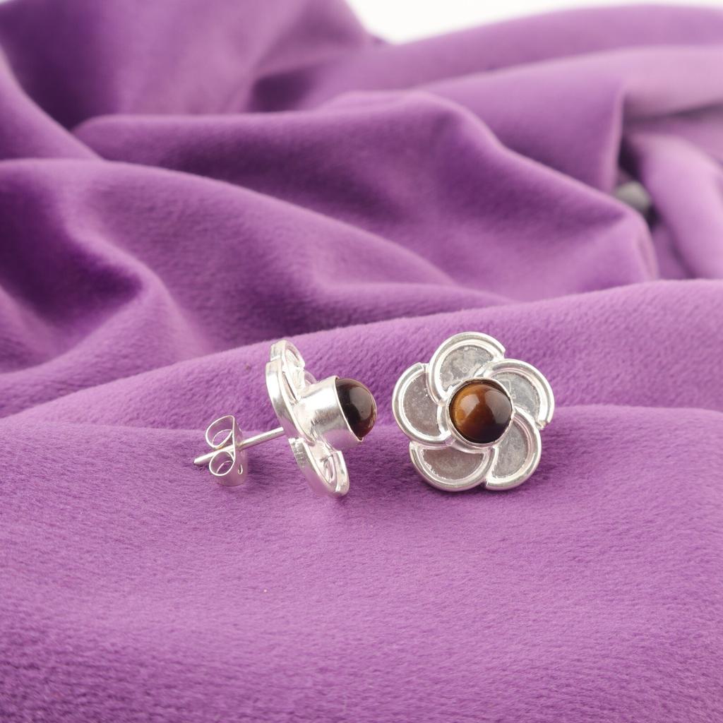 Round Yellow Tiger Eye Stone Sterling Silver Stud Sisters Gift Earrings Jewelry EE-157-30