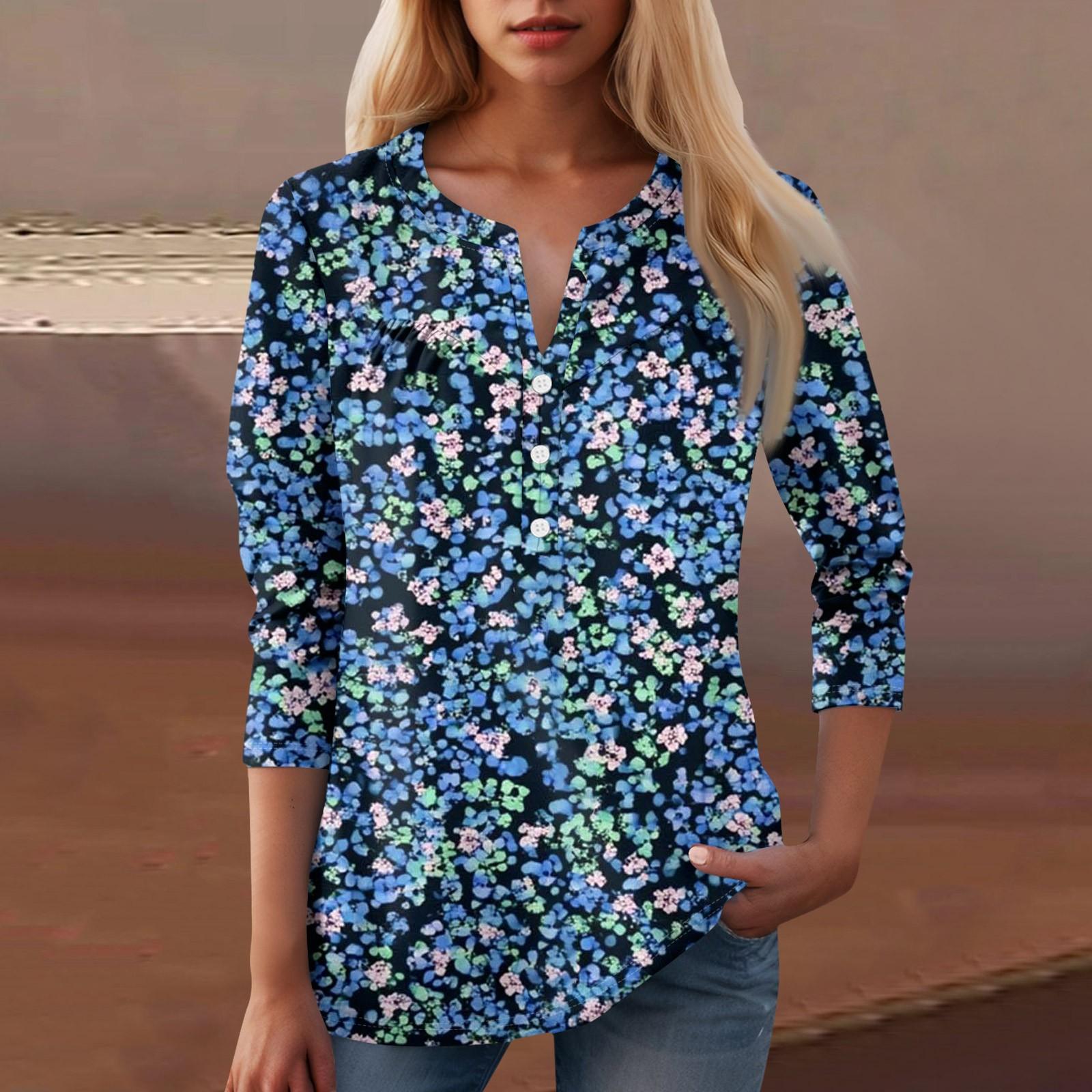 

Женская повседневная футболка с цветочным принтом и V-образным вырезом, декоративная пуговица L фиолетовый