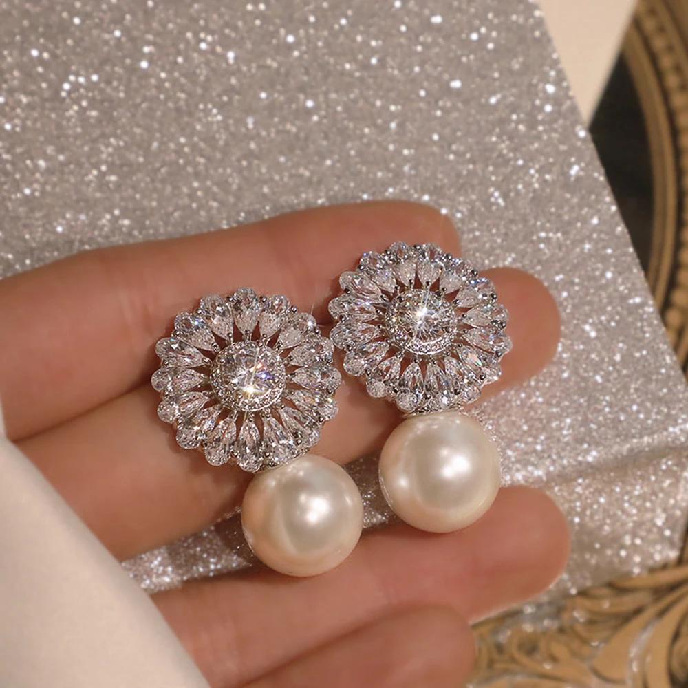 Huitan New Trend Imitation Pearl Dangle Earring for Women Luxury Silver Bling Cubic Zirconia Fashion Elegant Lady Jewelry