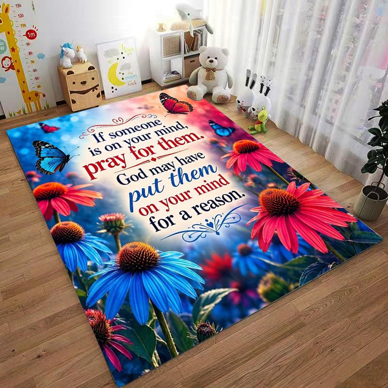 Christian Prayer Quote Floral Carpet Non-slip Rug Suitable for Living Room and Bedroom Sofas