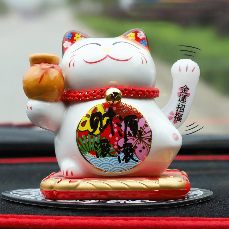 Gatto Fortunato Ceramica Alimentato a Energia Solare Maneki Neko Braccio Ondulante Gatto che Invita la Fortuna con Tappetino Auto Decorazione Scrivania Fascino Regalo