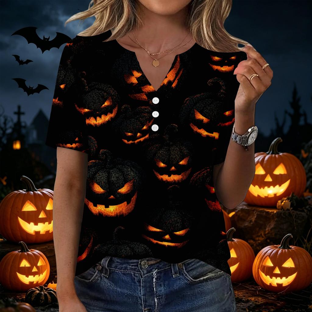 Womens Halloween Print V Neck Short Sleeve T Shirt Button Detail Casual Loose Fit Top for Everyday Wear