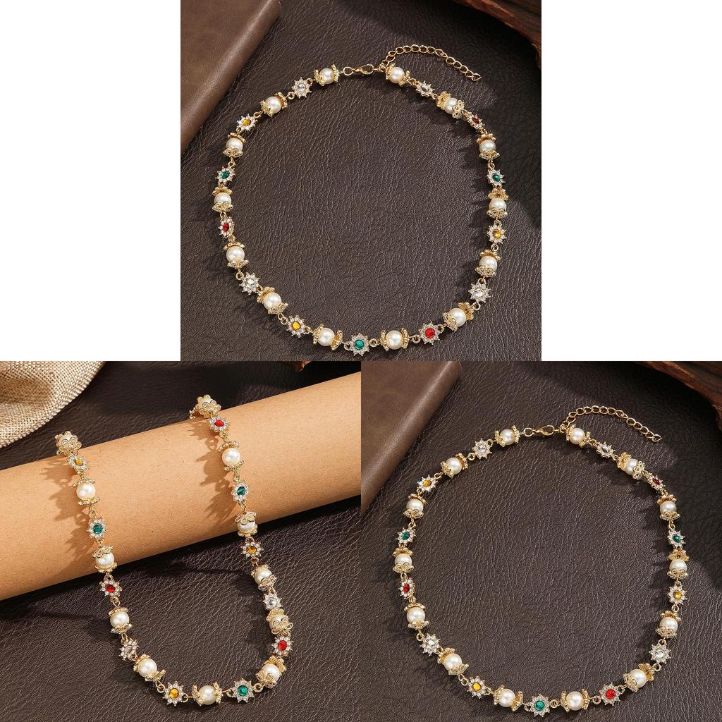 Geometric Pearl Flower Necklace With Cubic Zirconia For Travel And Gift