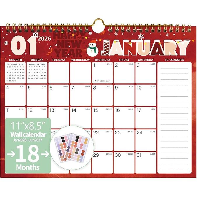 2026-2027 Wall Calendar, Calendar 2026-2027, 18 Monthly Wall Calendar from January 2026 to June 2027, 11 x 8.5 Inches Thick Paper, Large Ruled Blocks