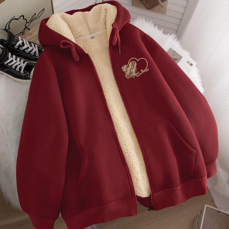 Unisex Hooded Zip-Up Fleece-Lined Cardigan - Warm Winter Lamb Wool Jacket (Apricot)