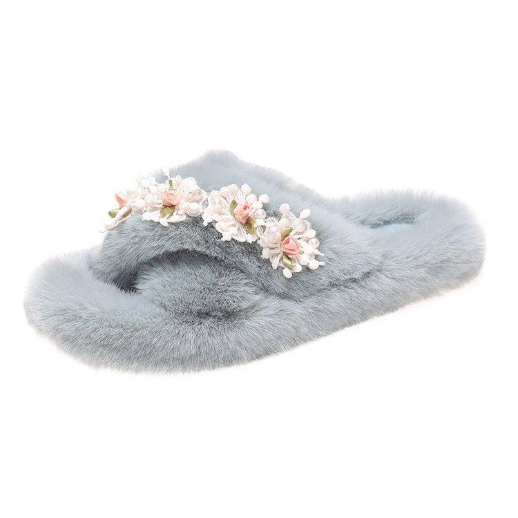 Flower thick-soled fluffy slippers women's 2025 autumn and winter new plush warm home cross cotton mop