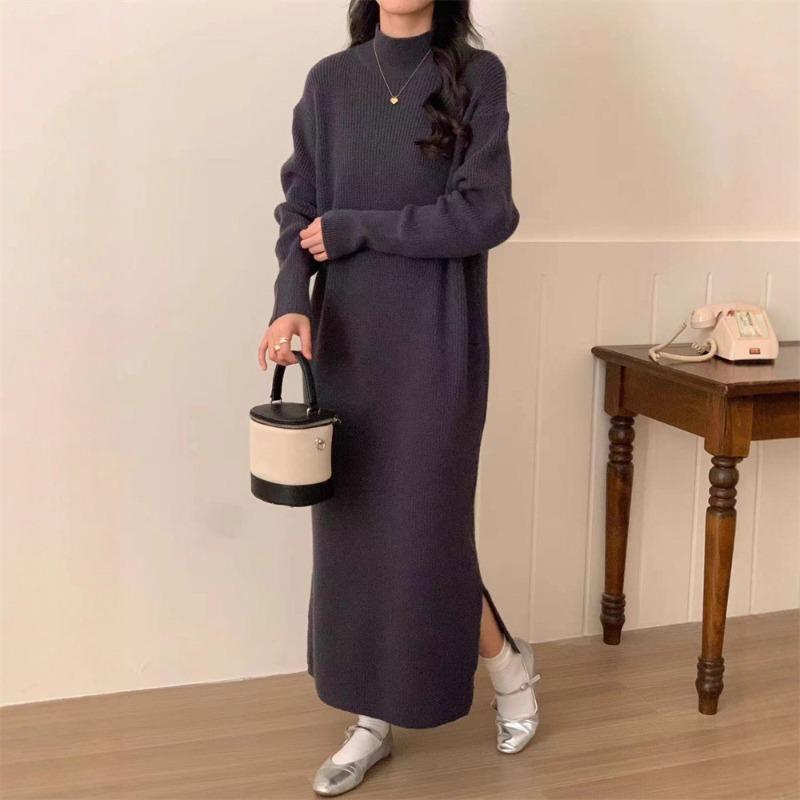 

Однотонное вязаное платье-водолазка, новое осенне-зимнее с пальто, свитер до колена и топ One size