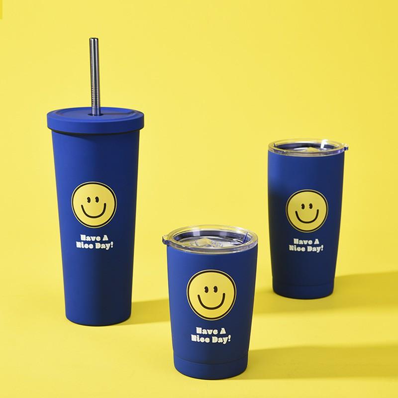Stainless Steel Vacuum Insulated Tumbler With Straw Lid Blue Smile Design 350ml To 1000ml Office Travel Gym