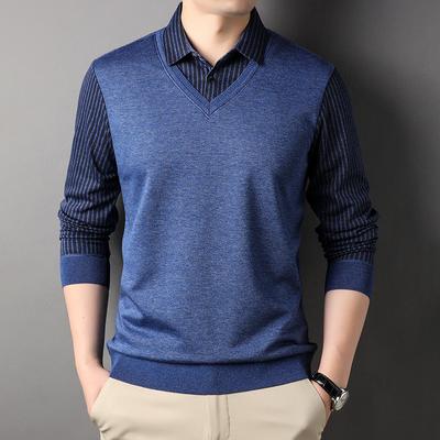Zakelijke Revers Mode Gestreept Gebreid Trui Heren Nieuwe Fake Tweedelige Gebreide Truien Jong en Middelbaar Shirtkraag Top