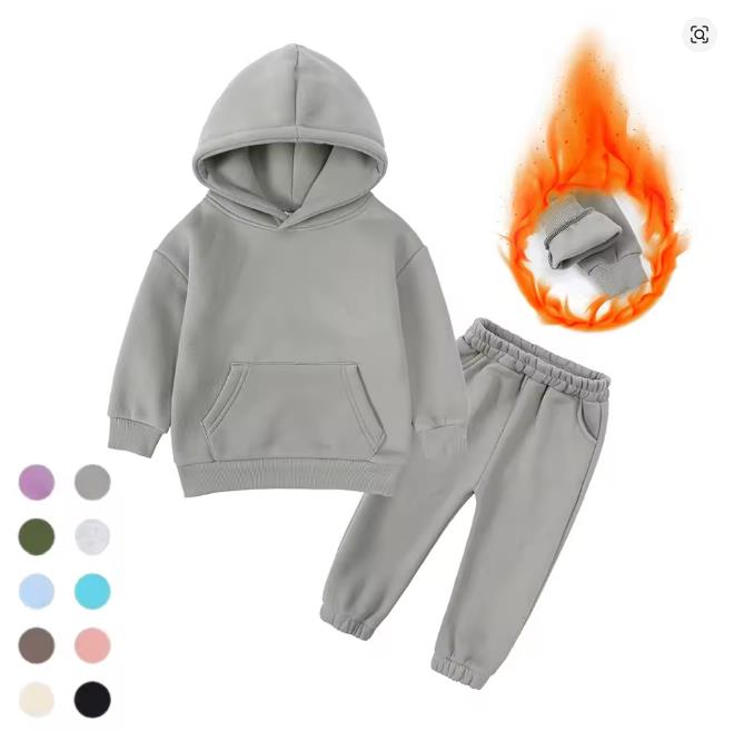 Winter Children Fleece Outfits Toddler Warm Thicken Cotton Soild Hoodies+Pants Tracksuit Kids Boy Girl Sweatsuits Sets