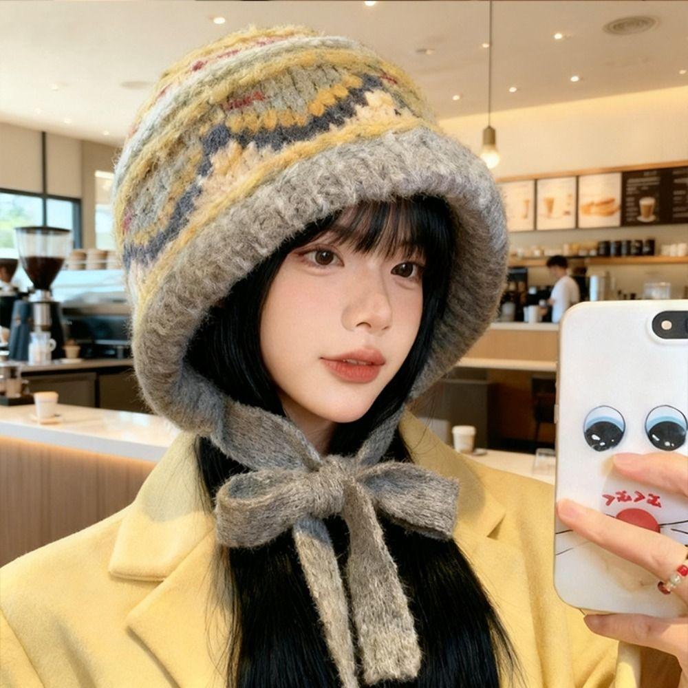 Thicken Knitted Plush Hat Ethnic Style Pullover Beanie Hat Skiing Warm Hat  Outdoor