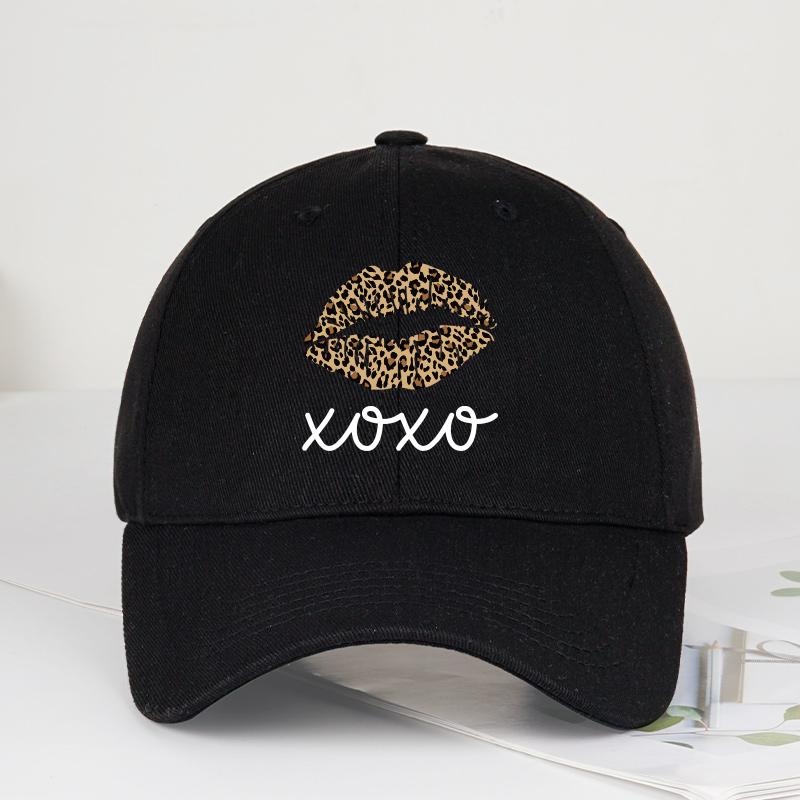 Leopard-Print Lips Xoxo Printed Soft-Peaked Baseball Cap Soft, Comfortable, Adjustable Sexy, Trendy, Cool, Sweet, Edgy, Retro, F