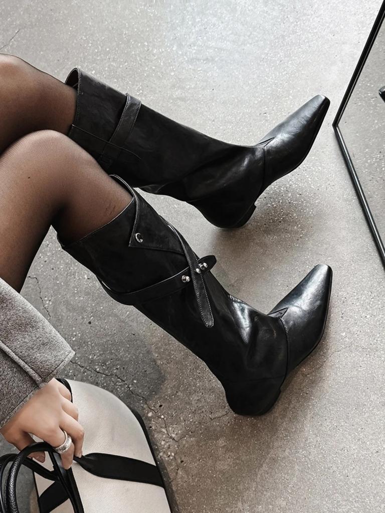 Brown Niche Design Sense But Knee Knight Boots Women's Autumn and Winter Thick Heel Temperament Belt Buckle Boots 2025 New