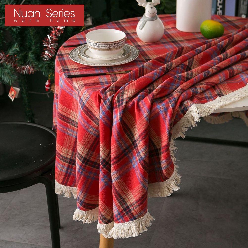 1PC Nuan Series Christmas Plaid Printed Tassel Edge Table Cloth Retro Party Decoration Table Cloth for Kitchen Dining Table Coffee Table Home Decor