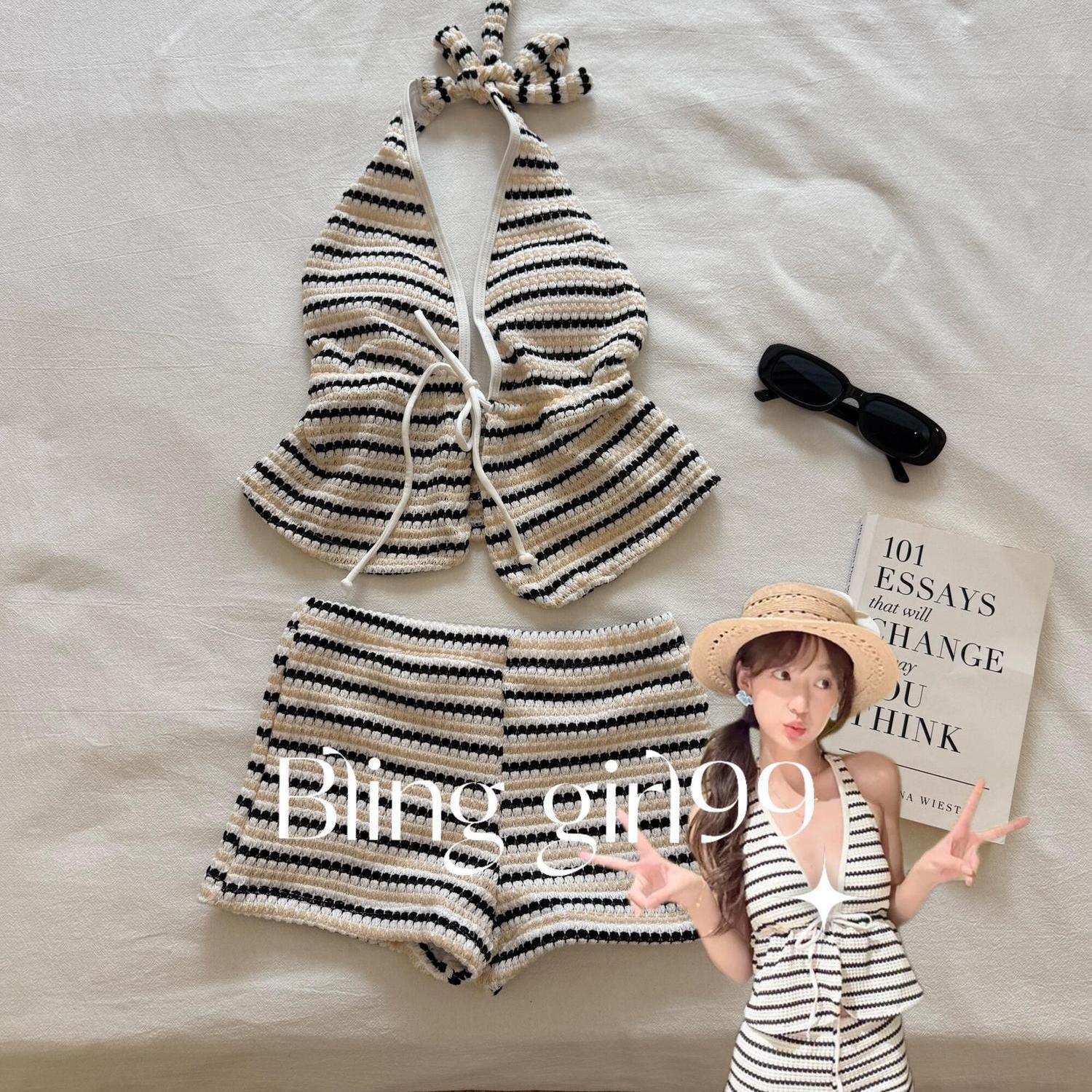

Striped vacation split boxers conservative bikini swimsuit vacation spa set cover meat and show thinness pure desire M