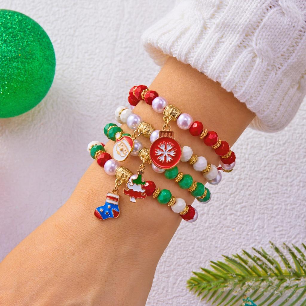 Christmas Santa Claus Deer Braided Bracelet Tree Snowflake Crystal Imitation Pearl Soft Clay Bead Bangles For Women Men Jewelry