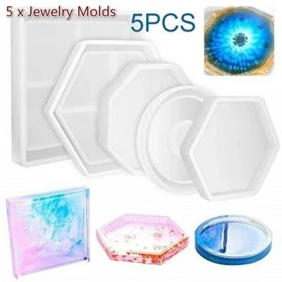 New 5Pcs Handmade Mirror Silicone Coaster Molds Hexagonal Square Base Mold Kit Resin Key Zone Square Epoxy Casting Molds