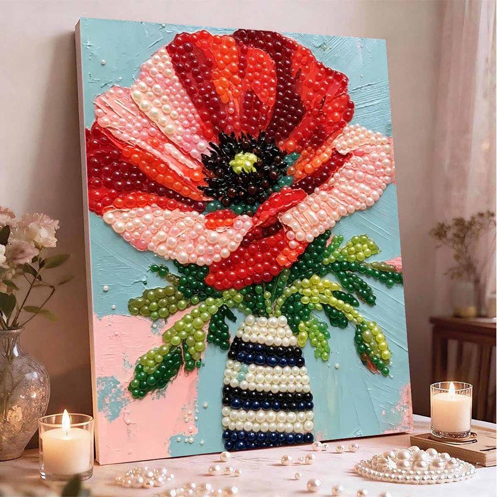 DIY Framed Pearl Painting Kit with Red Poppy Flower Vase 5D Sparkling Bead Art Canvas Ready to Display Home Decor Handmade Gift Idea