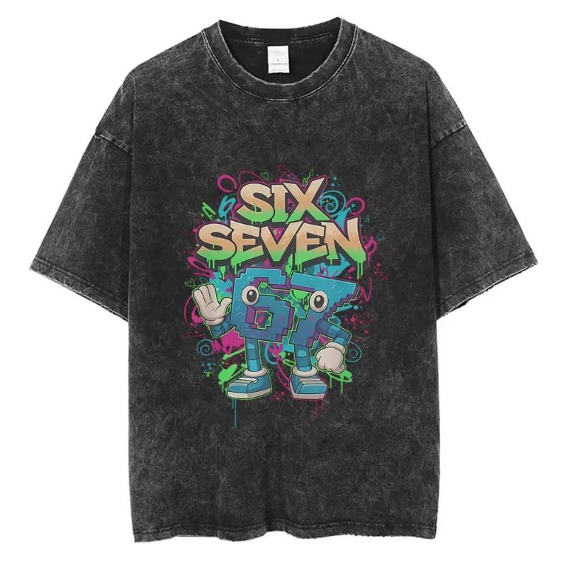 Italian Brainrot Funny Meme Washed Vintage T-shirt Six Seven 67 Number Tshirt Men Women Casual Fashion Oversized Crewneck Tees