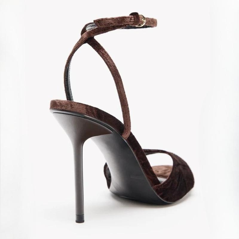 Retro Brown Velvet High-heeled Sandals for Women Sexy Open-toe Ankle Strap Buckle Heels Elegant Banquet Slingback Dress Shoes