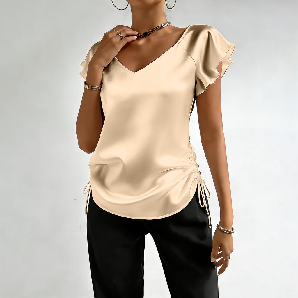 Kurzarmblusen für Damen V-Ausschnitt Satin Raffung Design Elegante Damen-Kurzarmblusen und Damen-Kurzarmtops für den täglichen Gebrauch