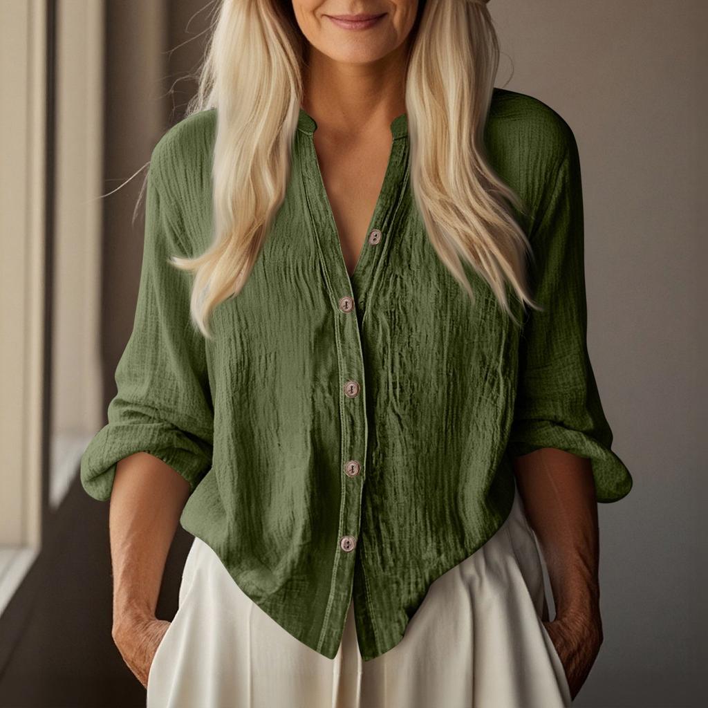 Women's Fashionable And Casual Solid-color Long-sleeved Cotton And Linen Shirt Top