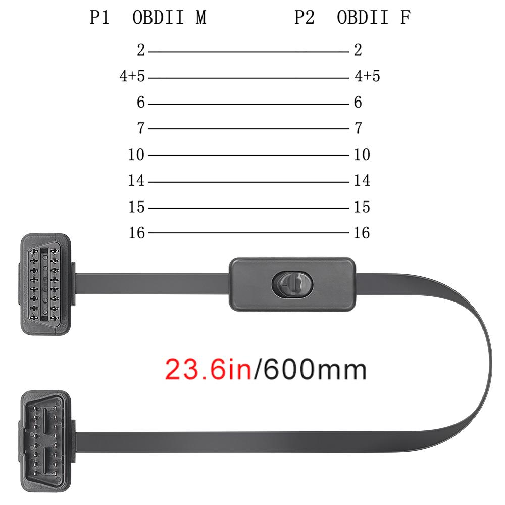 60CM 16Pin OBD2 Extension Cable Adapter Cable Flat+Thin As Noodle OBDII Male To Female Socket Connector with ON/OFF Switch