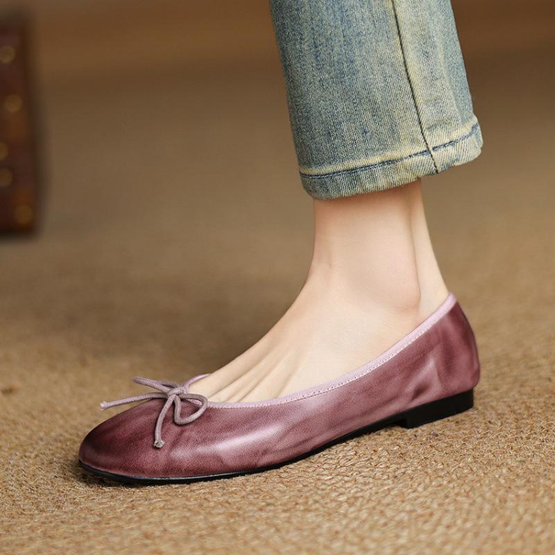 New comfortable casual single shoes solid color low heel lazy shoes low top light mouth beef tendon soft sole large size shoes genuine leather wo