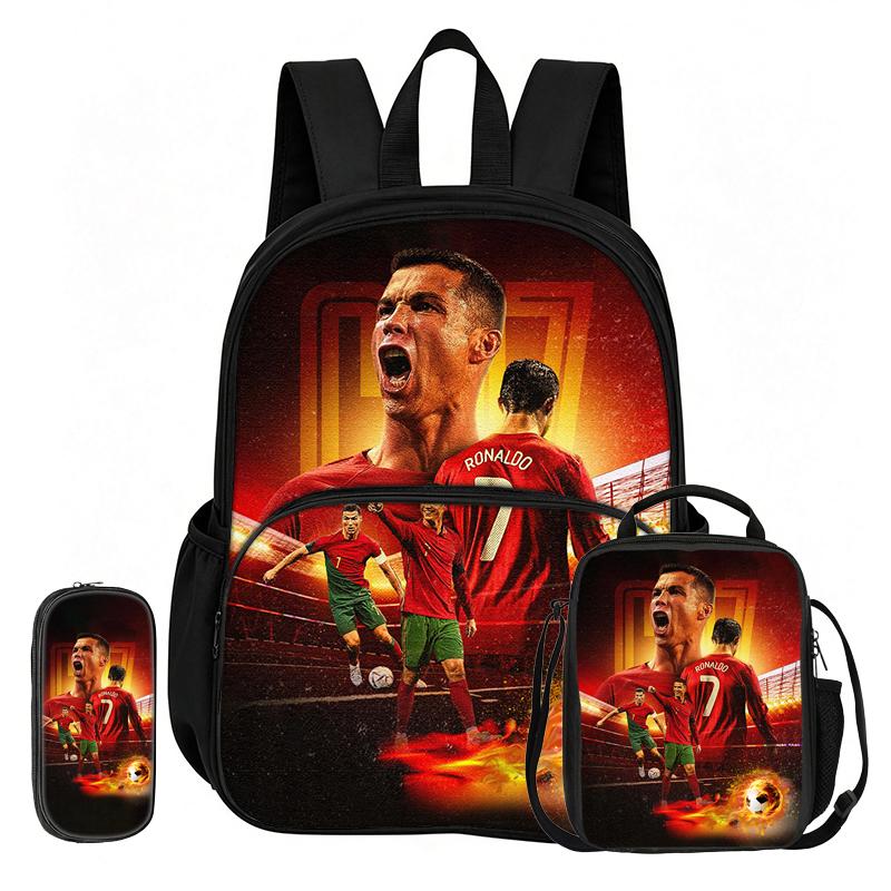Learn, Travel Football Star School Bag Ronaldo 3 Pcs set with Front Pocket Backpack Lunch bag, Pencil Case, Sport Rucksack