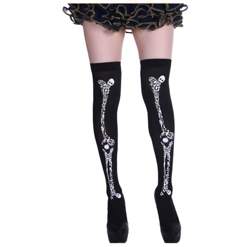 Skeleton Halloween Silk Stockings Woman Black Knee High Socks Ghost Props House