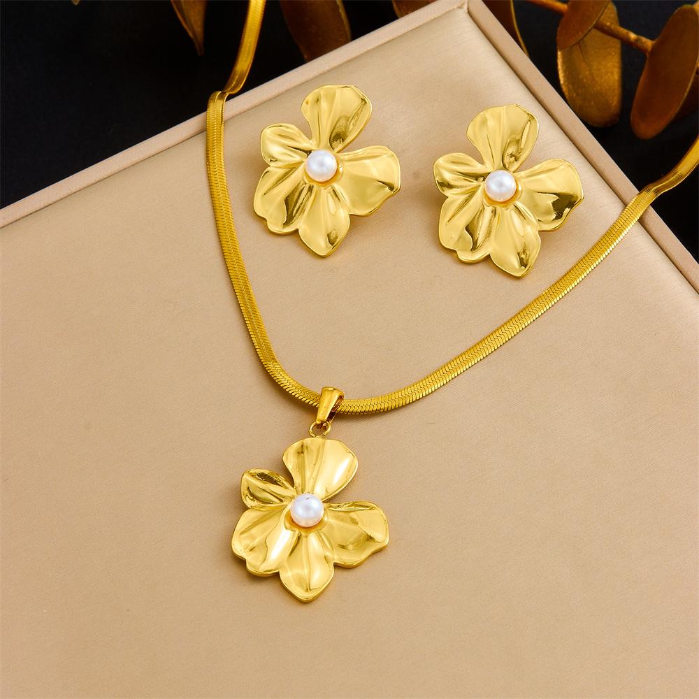DIEYURO 316L Stainless Steel Golden Exaggerated Large Flowers Inlaid Pearl Necklace Earrings Set For Women Fashion Jewelry Gift