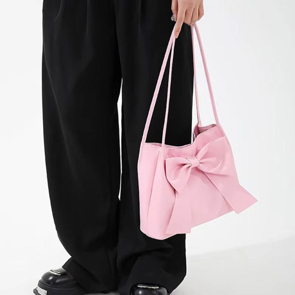 Bucket Bag PU Bow Shoulder Bag Solid Color Fashion Underarm Bag Simple INS Tote Bag  Children