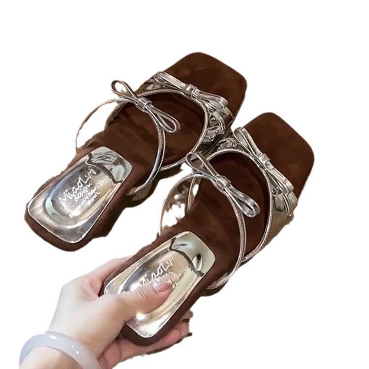 French Elegant Wedge Slippers Women's Head Temperament Open-toe Word with Bow High-heeled Sandals 2024 Summer New