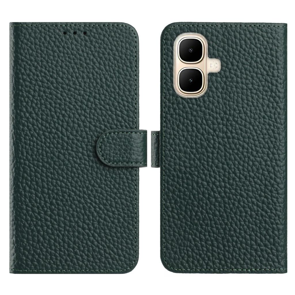 For TECNO Pop 10/Infinix Smart 10 Case Wallet Stand Litchi Texture Genuine Cow Leather Flip Phone Cover