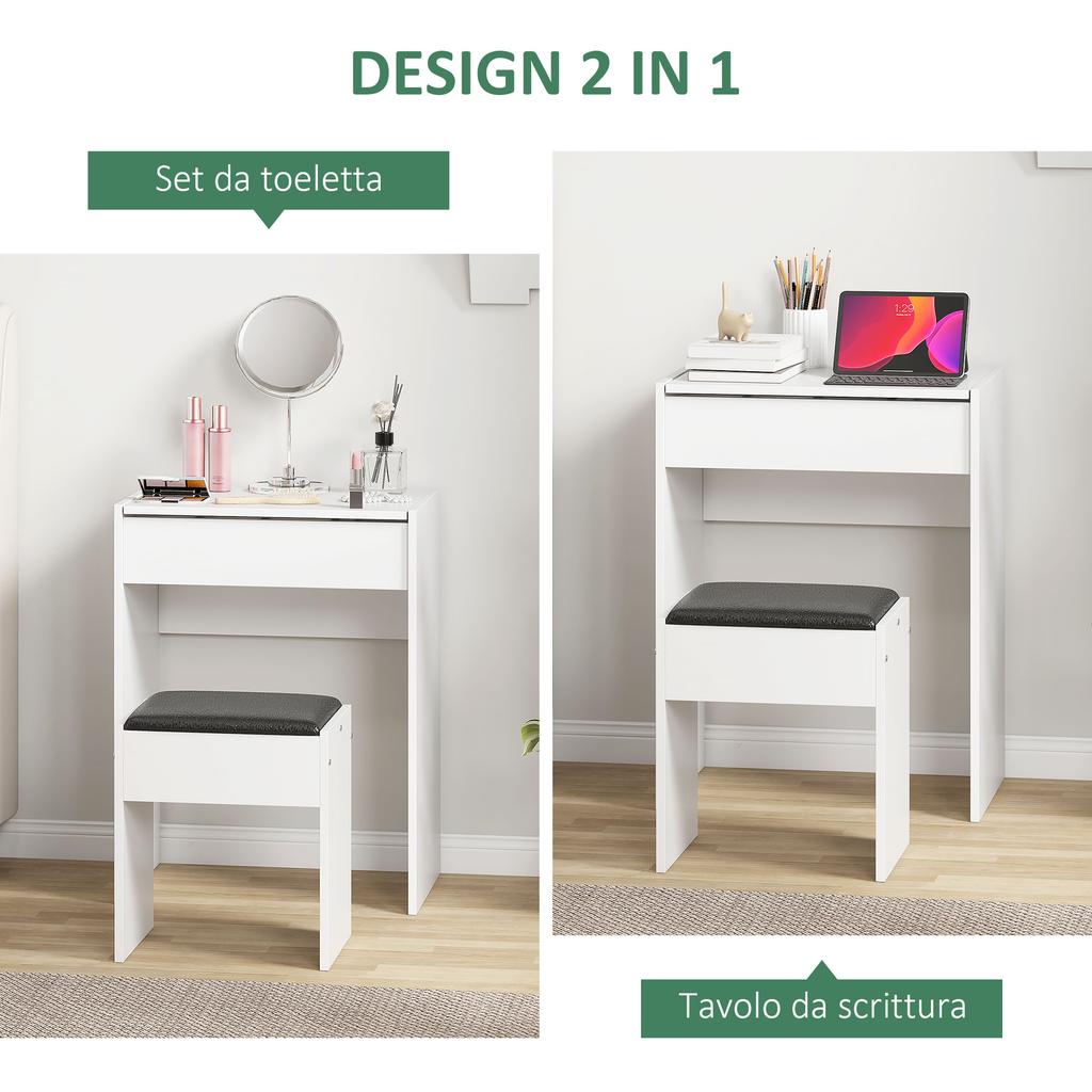 Tocador de Maquillaje con Espejo Plegable, Tocador de Maquillaje Moderno, con Taburete, Compartimento de Almacenamiento con 10 Secciones, MDF Blanco, 60.2 x 40.2 x 79cm