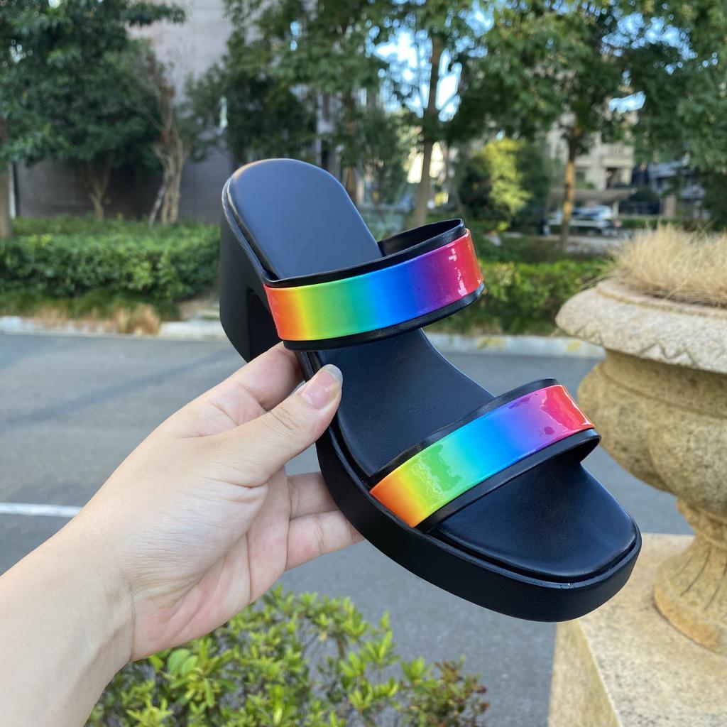 2025 European and American foreign trade new waterproof table high-heeled women's slippers color high-heeled one-word broadband open-toed sandals