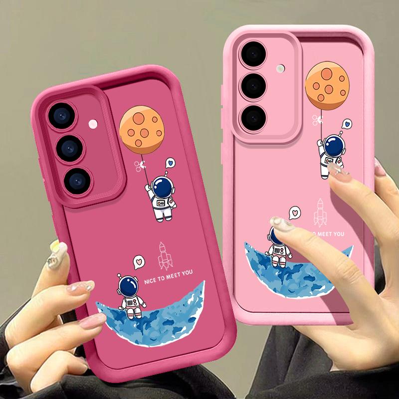 Cartoon Astronaut Pattern Matte TPU Case For Samsung S25 Edge S24 FE S23 Ultra S22 A56 A36 A26 A16 A15 A55 A35 Soft Shockproof Anti-Fall Phone Cover