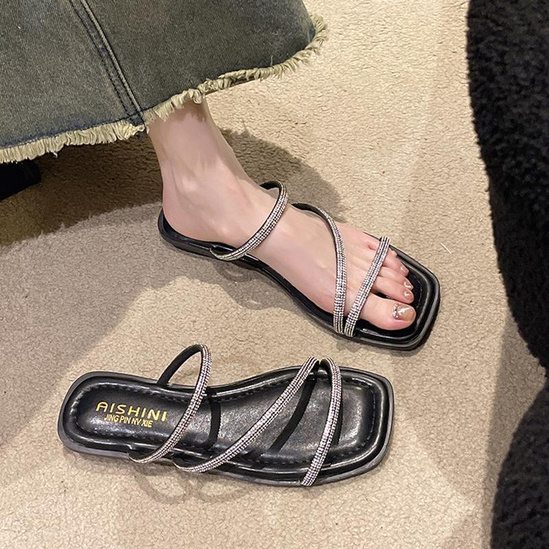 Thick-soled Sandals Women's Summer Outer Wear 2025 New Rhinestone Transparent Diamond-set Crystal and Slippers Thick Heel Square Head High Heels