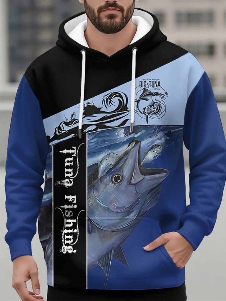 Autumn Men's Sweatshirt Casual Long Sleeve Hooded Pullover Fishing Print Top Fashion Oversized Vintage Men's Hoodie Streetwear