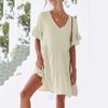 Women's Casual Short Sleeve Down Dress Summer Ruffle Pocket Elastic Waist A-Line Swing  Dresses