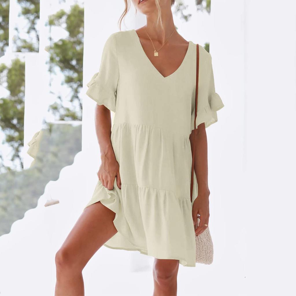 Women's Casual Short Sleeve Down Dress Summer Ruffle Pocket Elastic Waist A-Line Swing Dresses