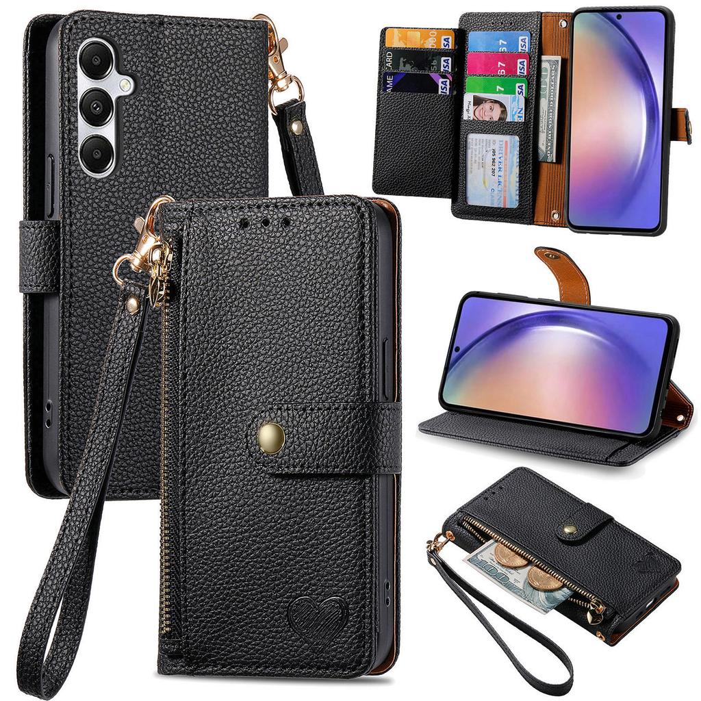 For Samsung Galaxy A55 5G Case Zipper Wallet PU Leather Phone Cover with Hand Strap
