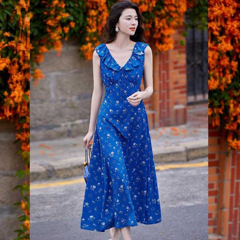 Retro Printed V-Neck Sleeveless Ruffle Maxi Dress S