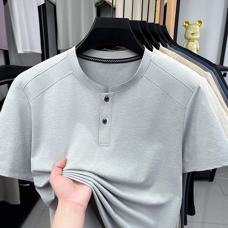 Men's Summer Short Sleeve Henley Collar Polo Shirt - Loose Fit, Solid Color, Casual Versatile T-shirt
